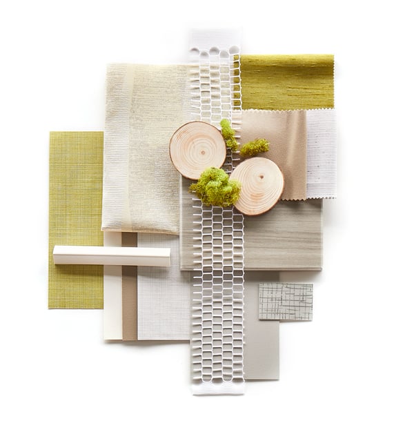 Inpro flat-lay design for wellness. Materials and products that promote natural colors such as greens, cream, tans, wood, white, and more.