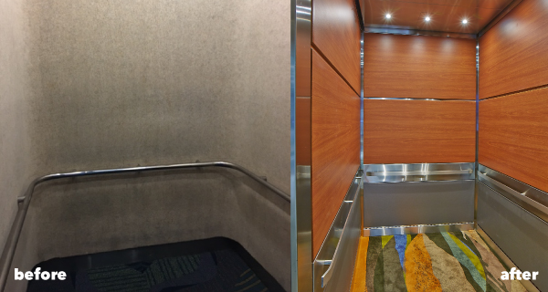 A before and after image with the dirty interior of an elevator cab on the left and a clean new elevator cab on the right.