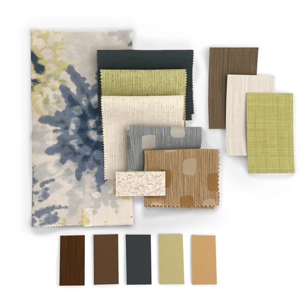 2020 Grounding palette flat lay of swatches of earth tones such as mushroom heus, yellow undertones, greenery, and brown tones.