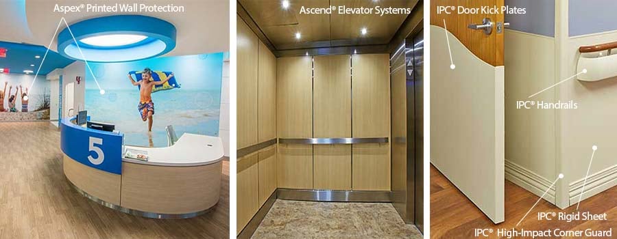 Nurse's station, an elevator interior, and a hallway with a door and handrail