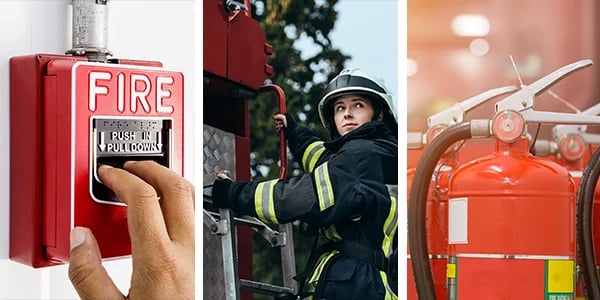 A hand pulling a fire alarm, a firefighter, a fire extinguisher