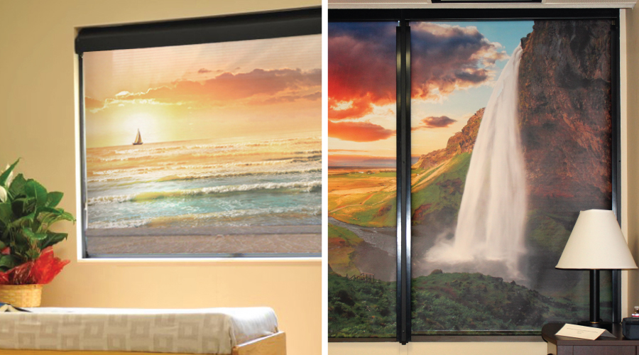 Side by side image of nature scenes on Printed Roller Shades