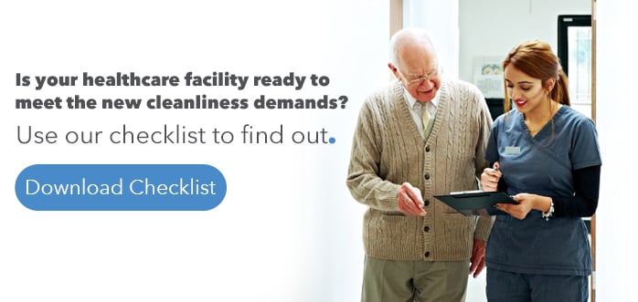 A nurse talking to an elderly man with copy that reads Is your healthcare facility ready to meet the new cleanliness demands? Use our checklist to find out. Download checklist.