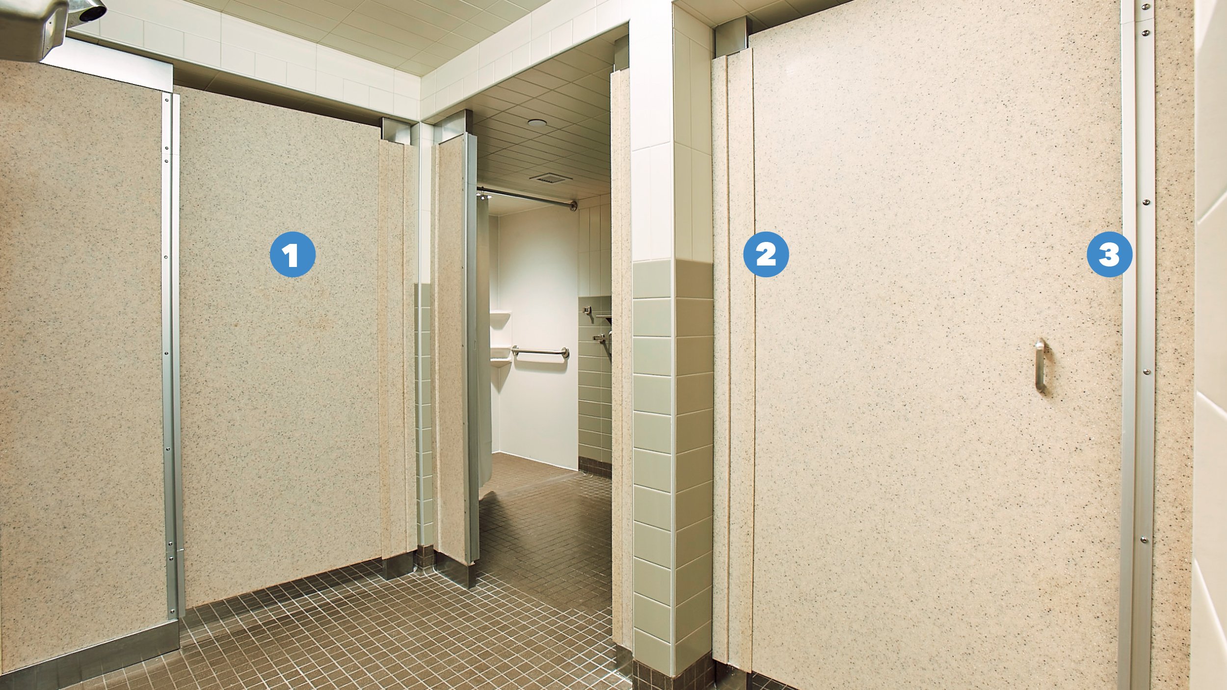 A bathroom with 3 blue dots in different key areas