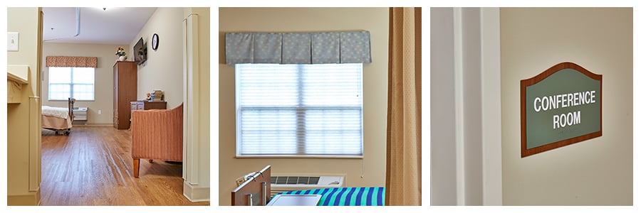 A collage of a senior living facility room, a window with a valance, and a conference room sign. 