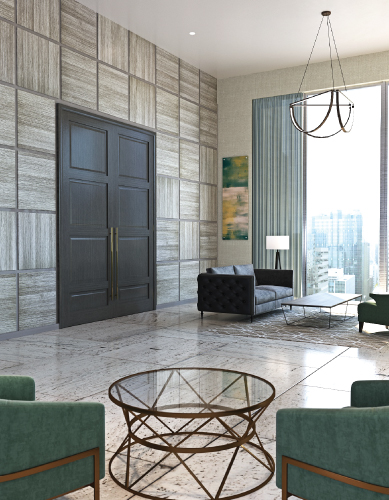 A formal lounge or lobby with different textures and proportions such as a wood panel wall and a very large door or large windows with Inpro drapery.