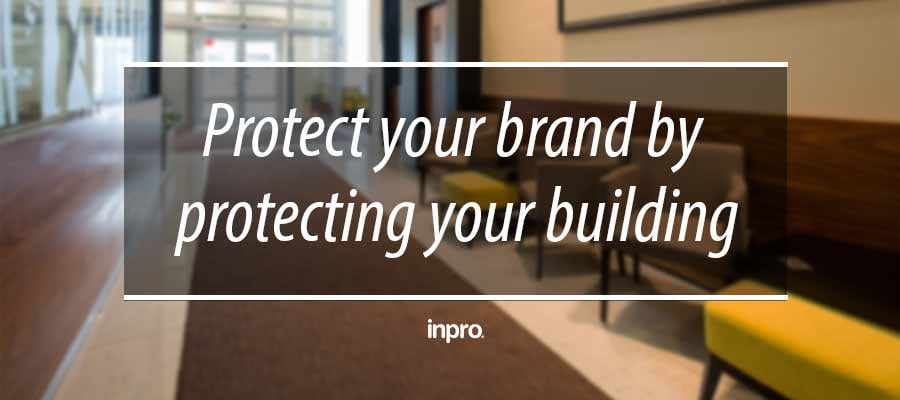 Hallway with sitting area with copy that reads- protect your brand by protecting your bran