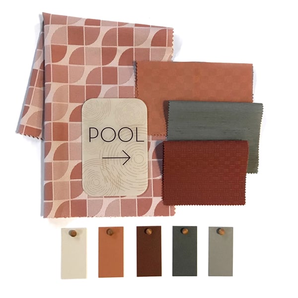 An Inpro flatlay for the 2020 Intention palette using swatches of reds and oranges as well as a muted green and ivory white. 