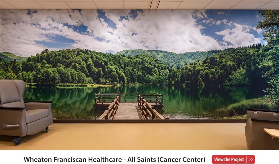 Image of a lake with mountains surrounding made of Aspex Printed Wall Protection with copy that reads Wheaton Franciscan Healthcare - All Saints (Cancer Center) View the Project. 