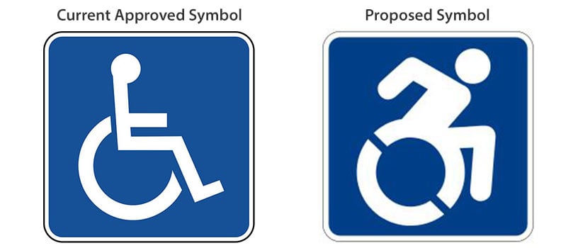 A handicap sign next to a new proposed version.