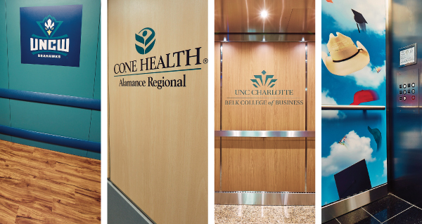 Collage of four different elevator interiors with logos