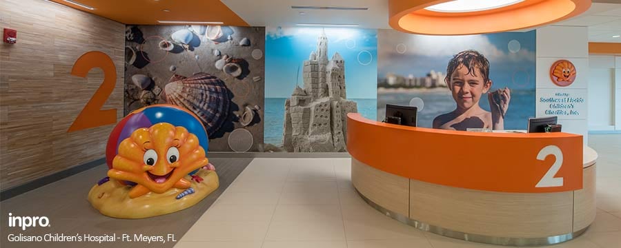 Nurses station from Golisano Children's Hospital project profile.