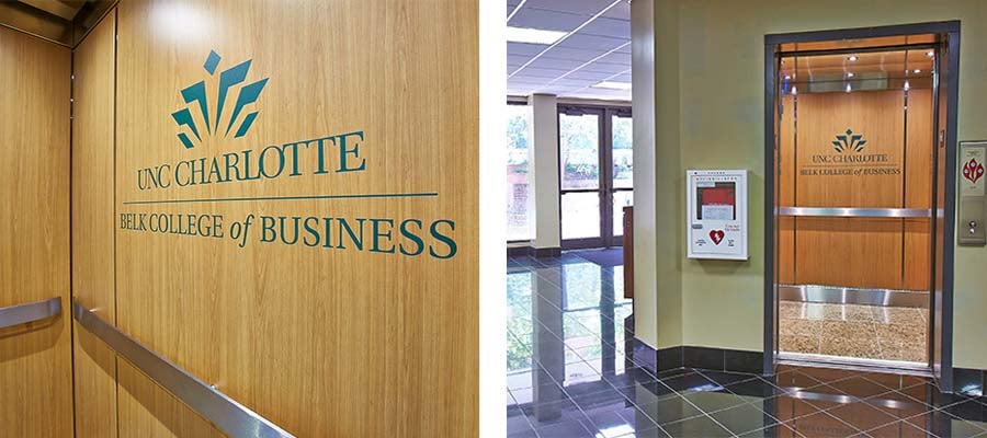 A close up of the UNC Charlotte logo in an elevator and an image of the same elevator looking in from the outside.