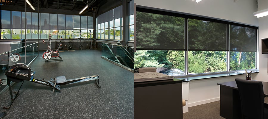 Two photos showing solar shades in use, one in a gym, one in an office