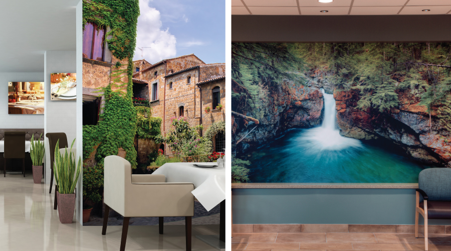 Side by side images of nature scenes on Aspex® Printed Wall Protection in waiting rooms