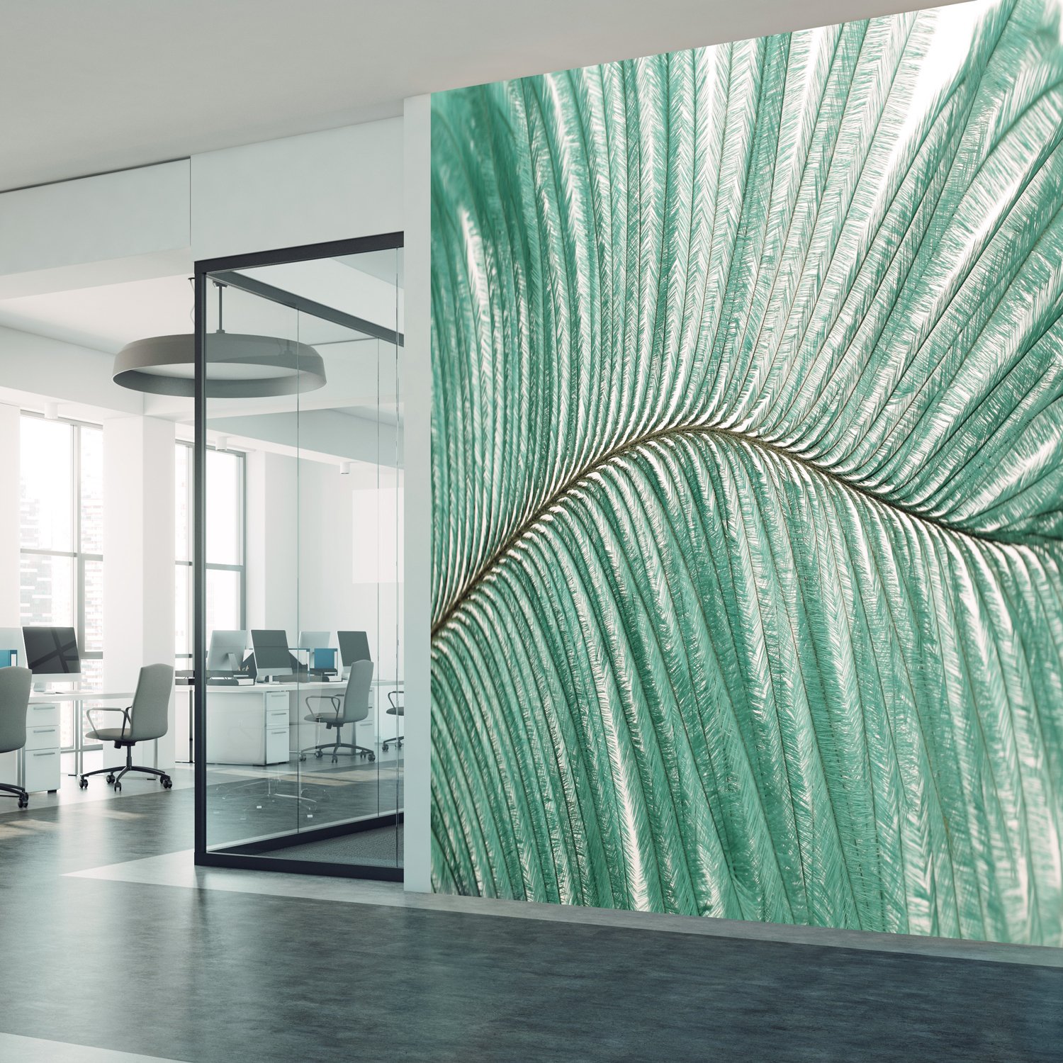 Aspex printed wall art of fern leaves in an office space