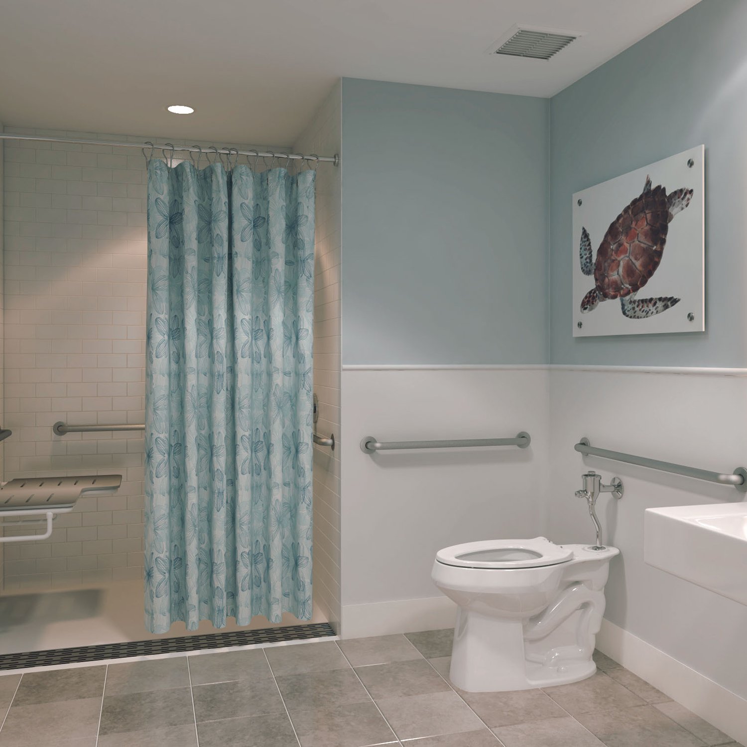 Bathroom with turtle printed wall art