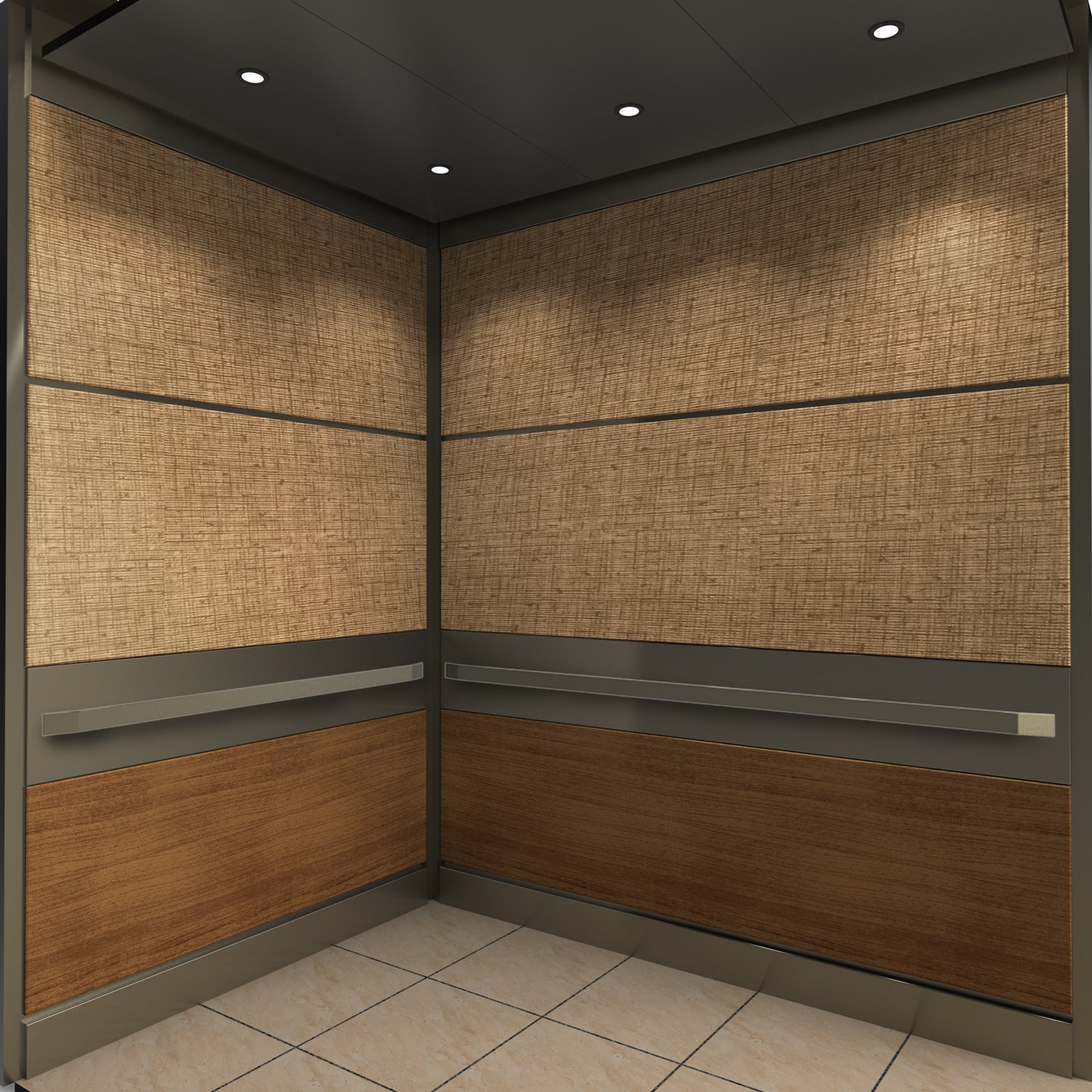 Hercules elevator cab style with Fiber Terra finish and rigid vinyl oak finish