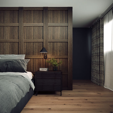 A bedroom with the back wall in a checkered pattern using  Palladium® 3D Trim
