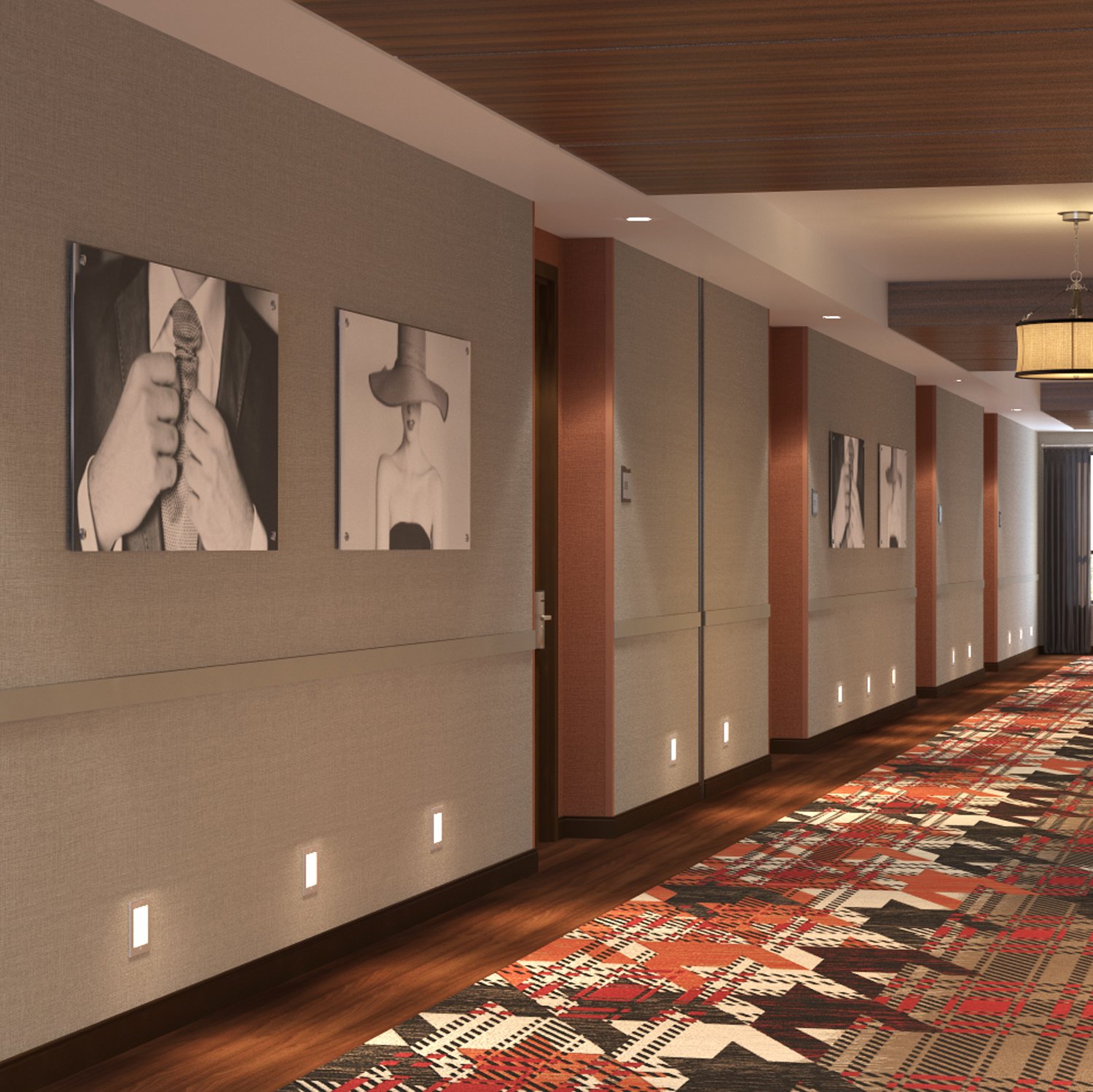 Hotel corridor with people printed wall art