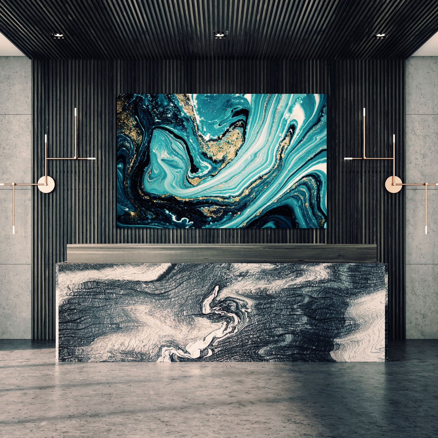 Lobby with marble printed wall art