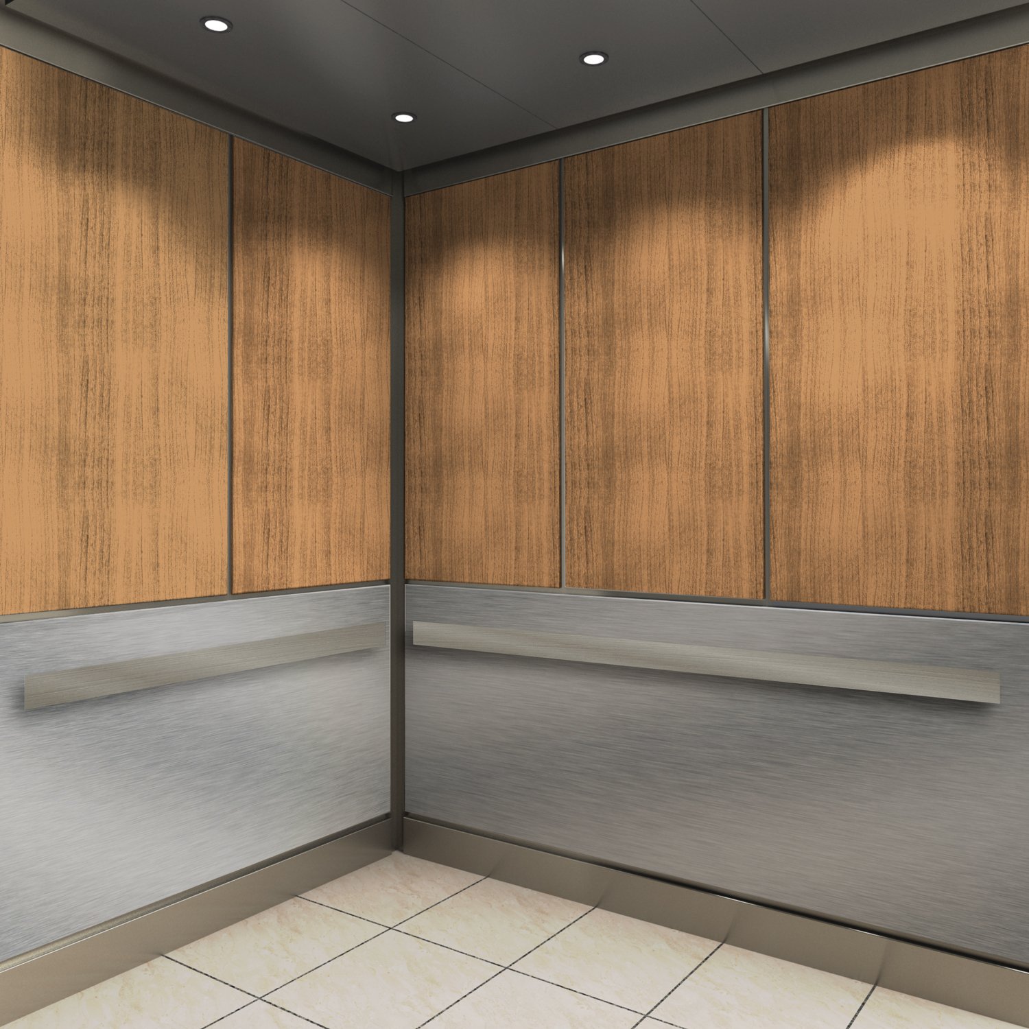 Orion elevator cab style with stainless steel lower panels and rigid vinyl wood finish top panels