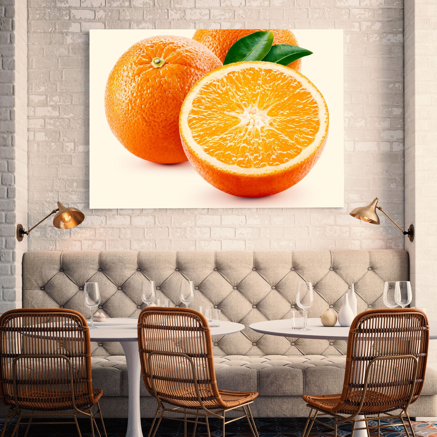 Restaurant dining area with orange fruit printed wall art
