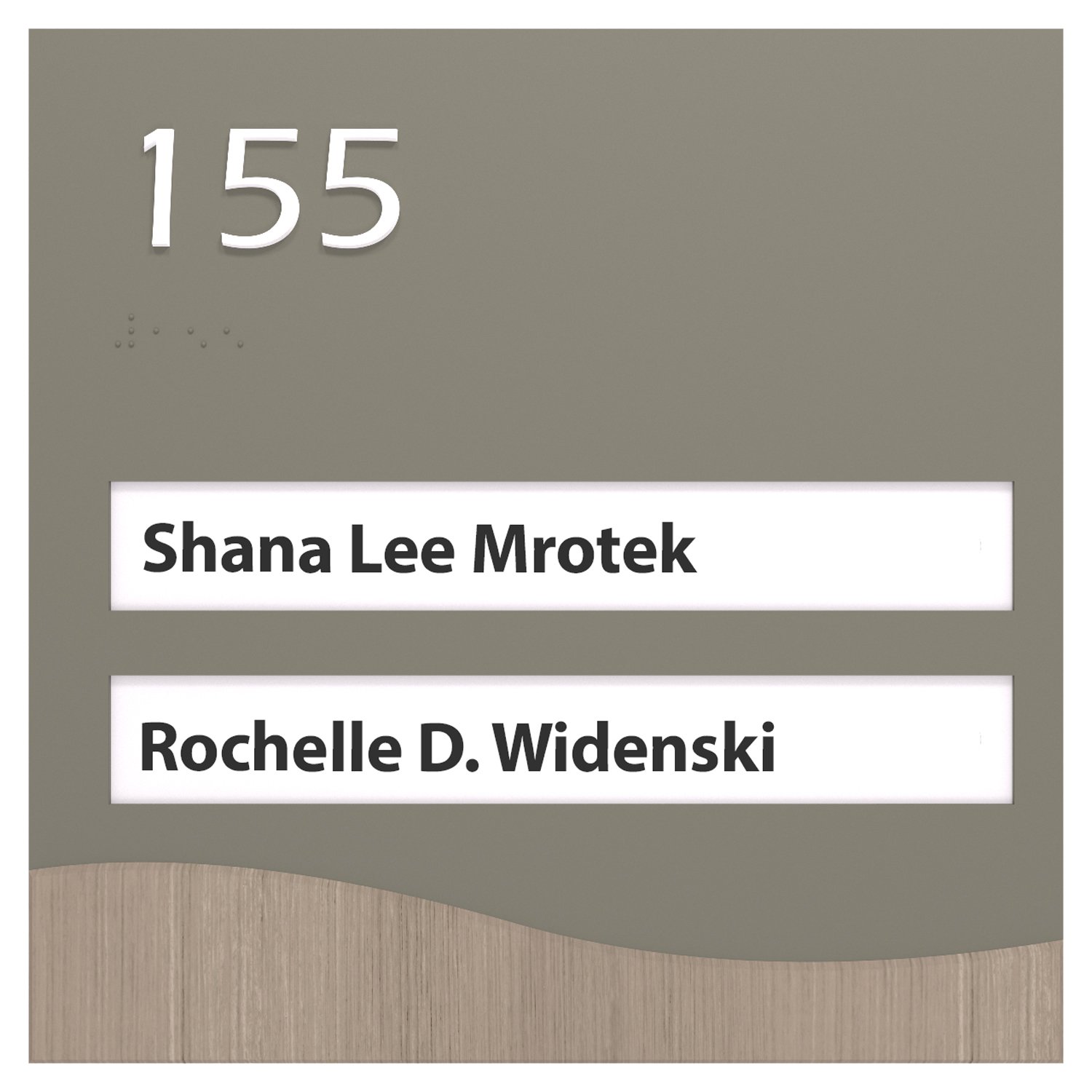 ADA room number identification sign with name windows gray and wood grain in Sedona Standard Sign Design