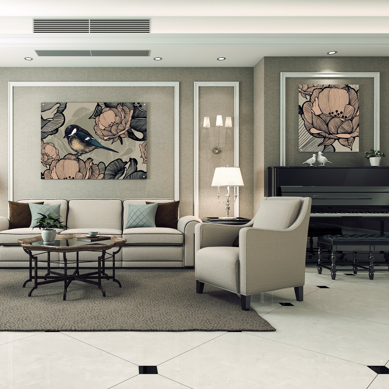 Senior living common area with birds and floral printed wall art