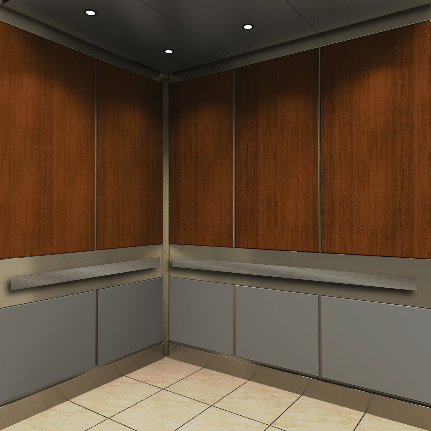 Titan elevator cab interior style with gray lower panels and faux wood finish top panels