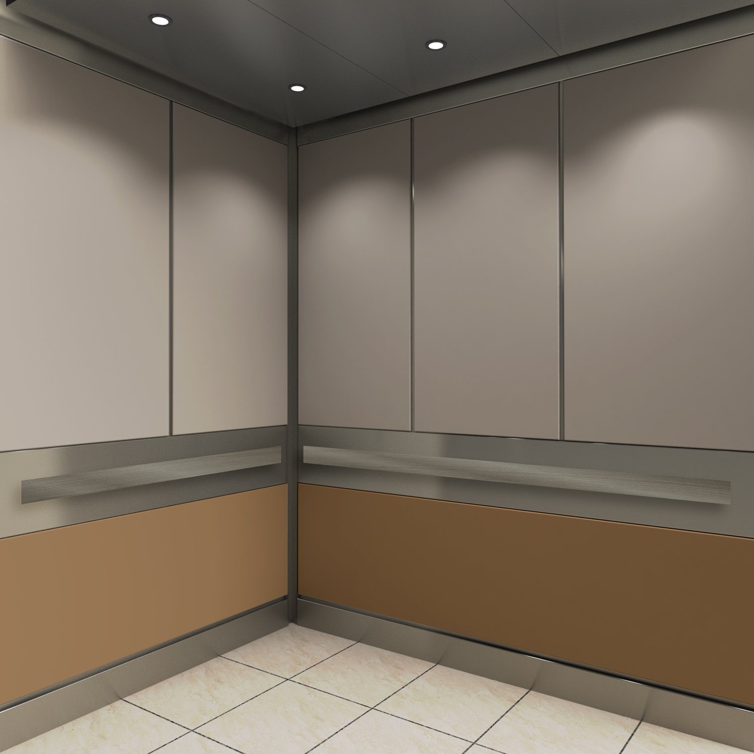 Vela elevator cab style with gray and brown interior panels