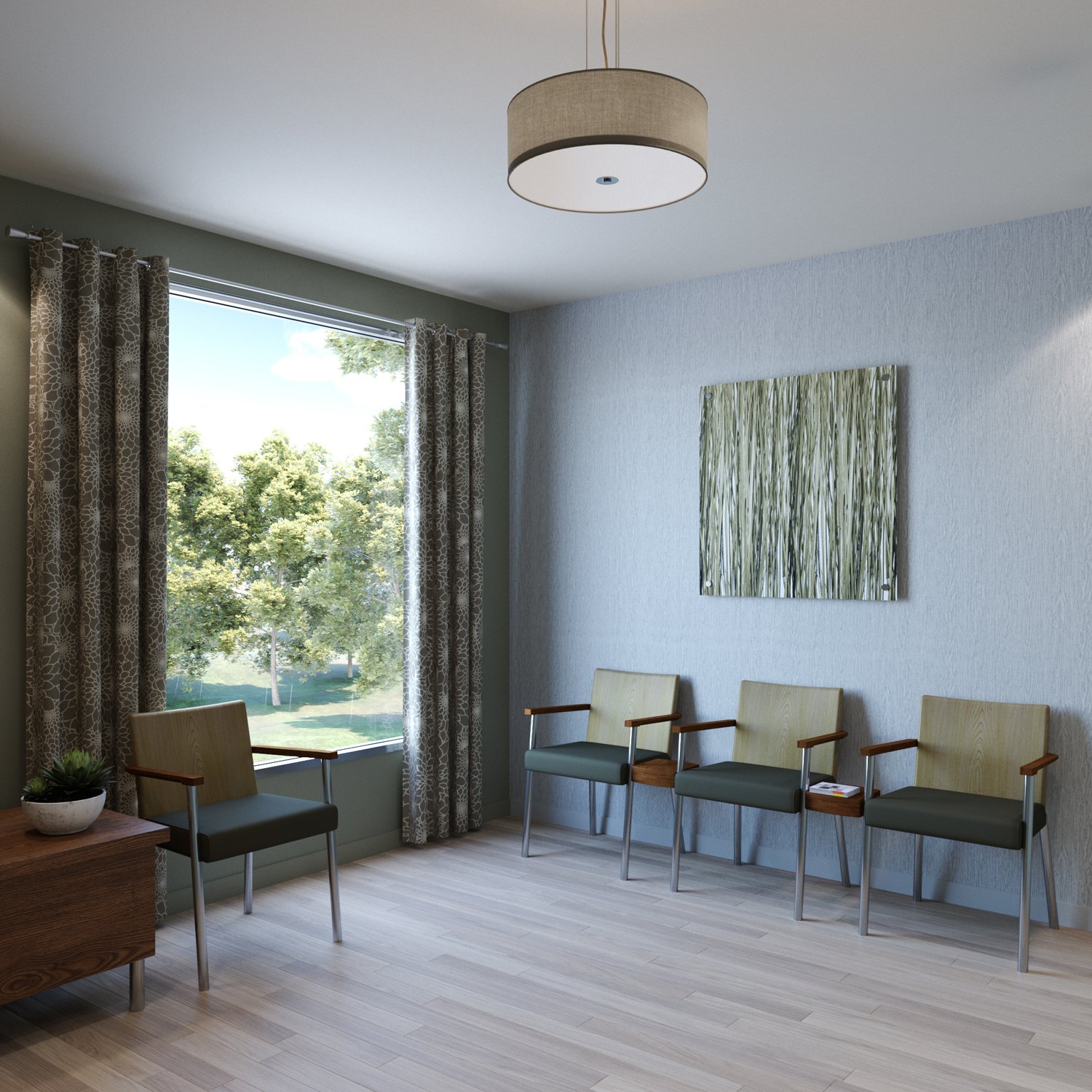 Waiting room with tree printed wall art