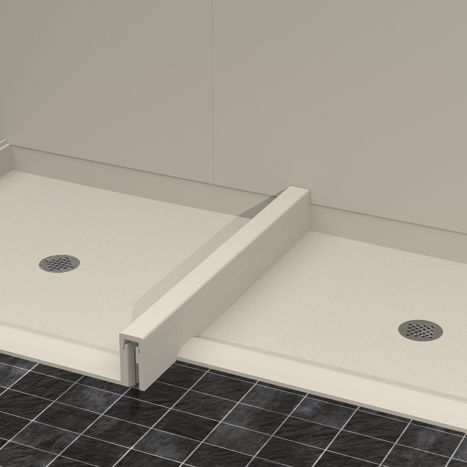 Two shower bases with a Top Cap connecting the gap between them.