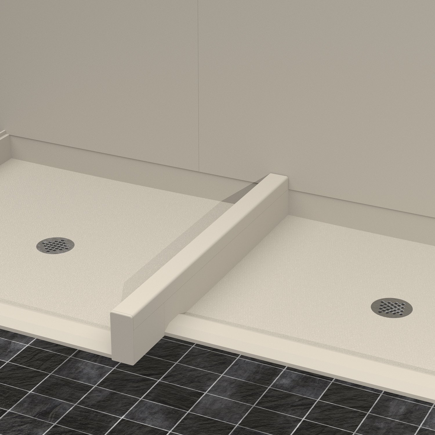 Two shower bases with the space between them covered by a top and end cap.