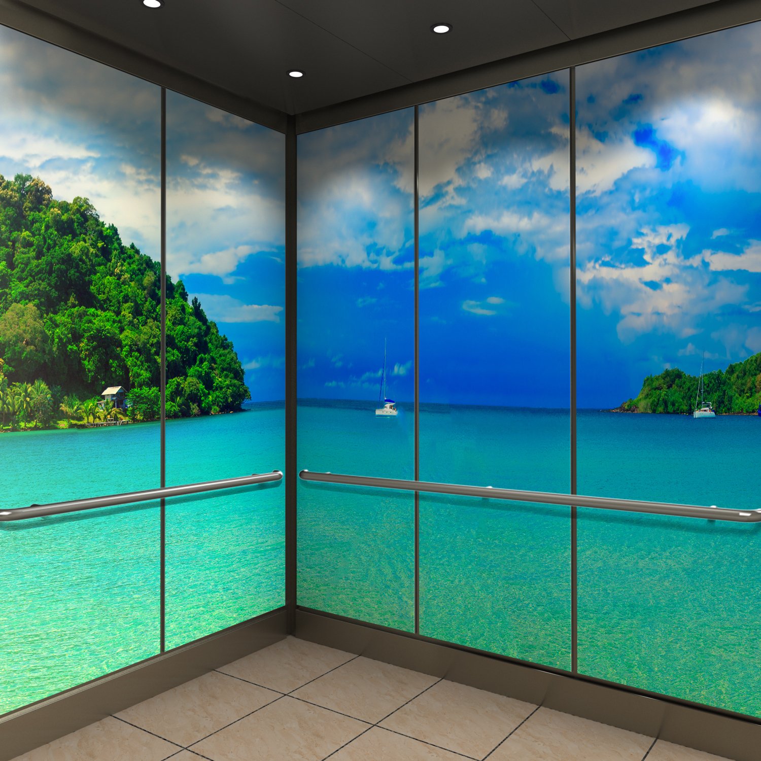Zenith elevator cab style with Aspex printed wall panels in ocean view