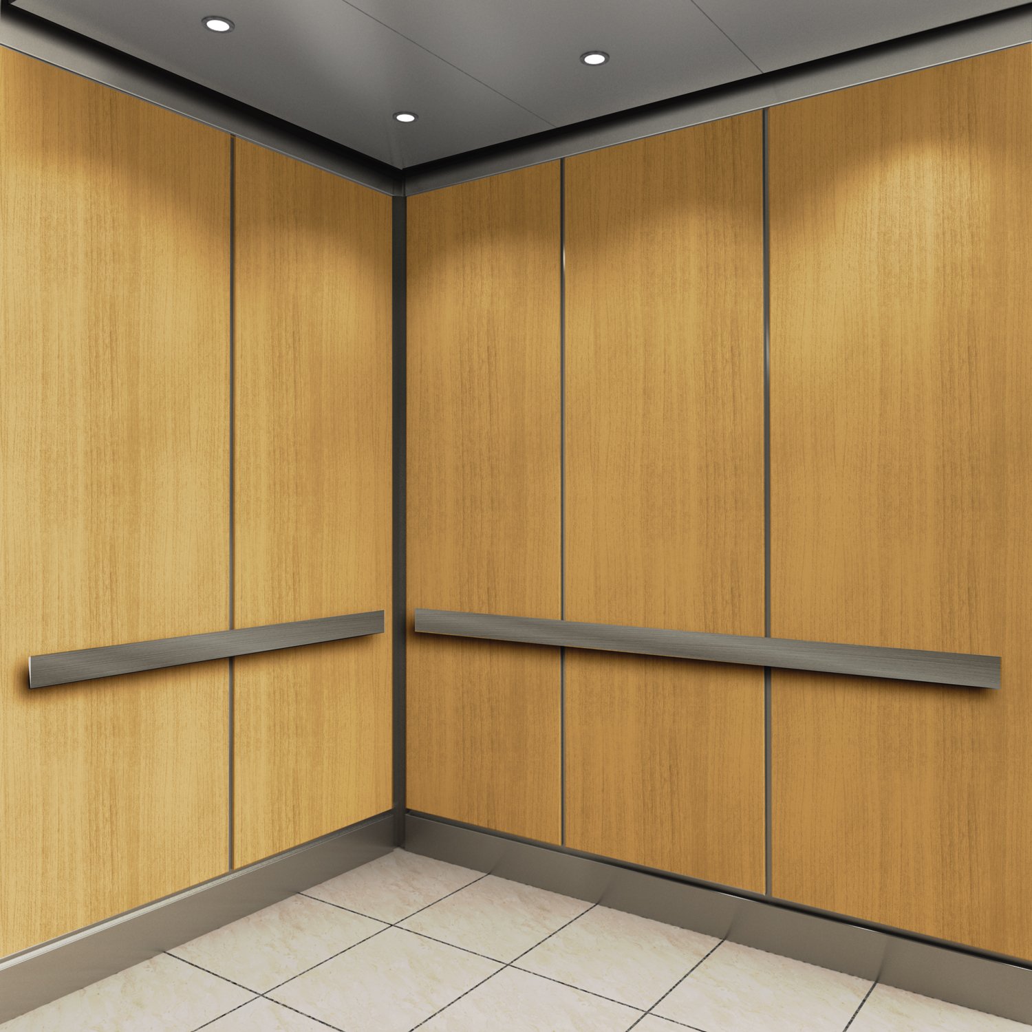 Zenith elevator cab interior with vertical rigid sheet wood grain panels