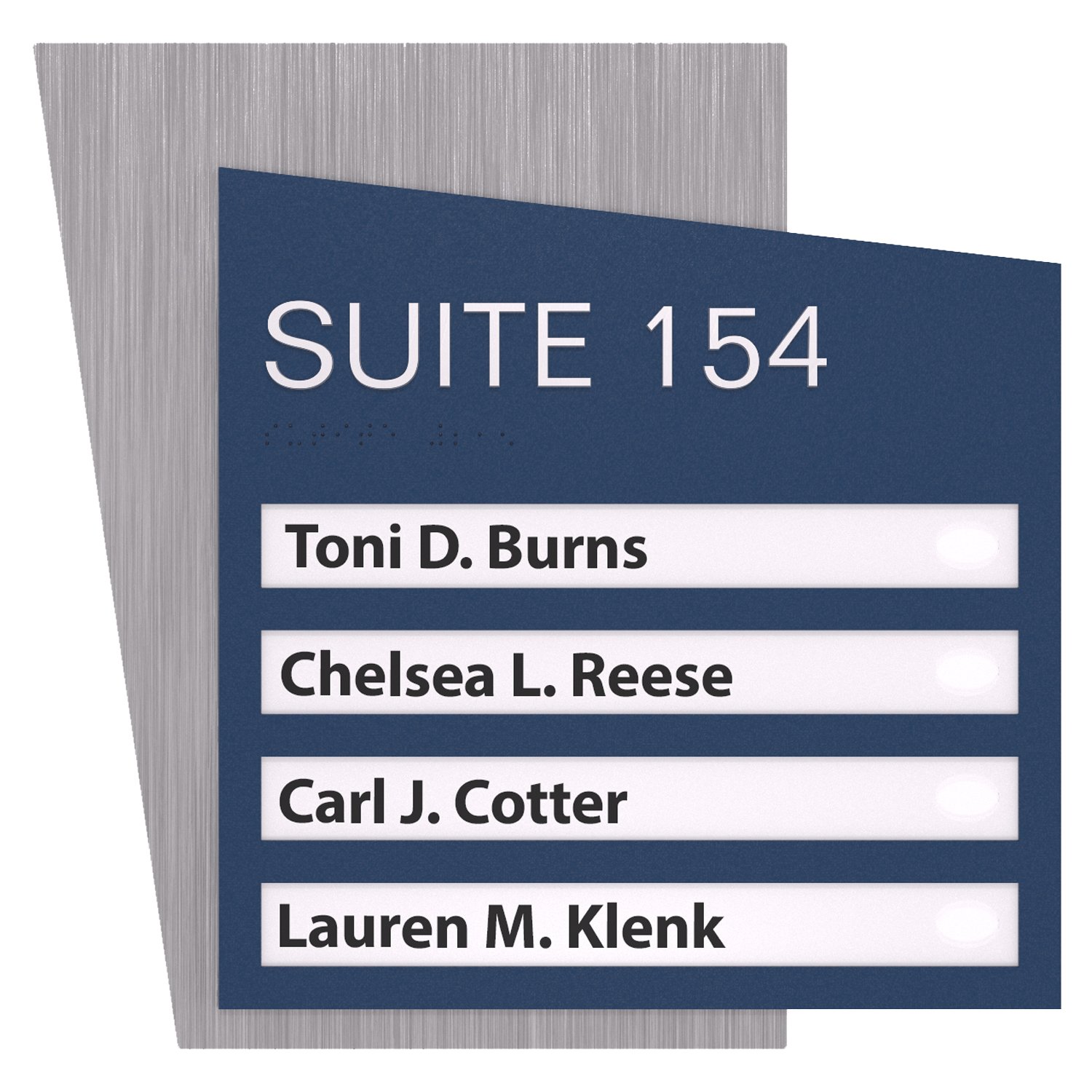 ADA suite number identification sign with name windows blue and wood grain in Zurich Standard Sign Design