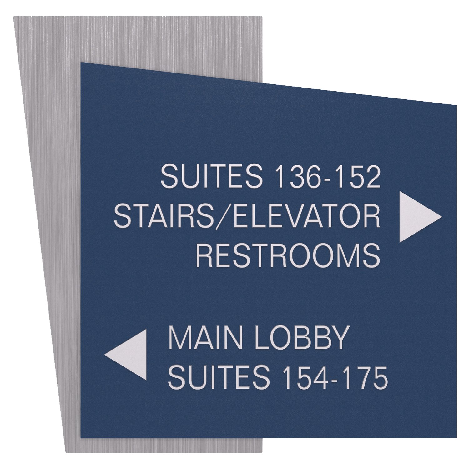 Suite number directional sign with arrows blue and wood grain in Zurich Standard Sign Design